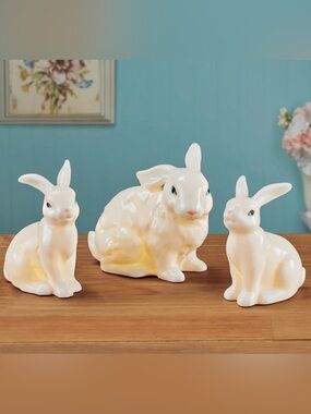 Adorable 3 Piece Soft Glow Light Up Porcelain White Bunnies